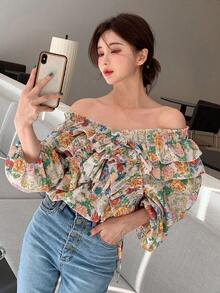 DAZY Áo sơ mi nữ Xù viền lá sen Dải chun Hoa Tất cả trên in Boho - Nhiều màu - Xem 4