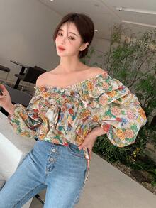 DAZY Áo sơ mi nữ Xù viền lá sen Dải chun Hoa Tất cả trên in Boho - Nhiều màu - Xem 5