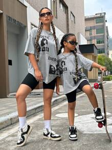 SHEIN Girls 1Pc Slogan & Figure Graphic Drop Shoulder Tee - Màu Xám nhạt - Xem 7