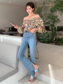 DAZY Áo sơ mi nữ Xù viền lá sen Dải chun Hoa Tất cả trên in Boho - Nhiều màu - Xem 6