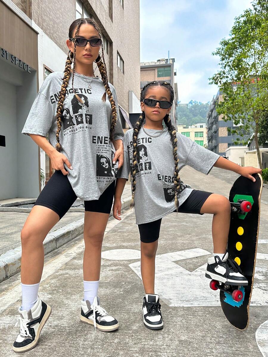 SHEIN Girls 1Pc Slogan & Figure Graphic Drop Shoulder Tee - Màu Xám nhạt - Xem 1