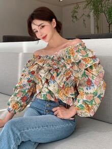 DAZY Áo sơ mi nữ Xù viền lá sen Dải chun Hoa Tất cả trên in Boho - Nhiều màu - Xem 8