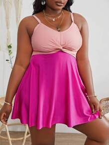 SHEIN Swim Curve Plus Size Two Tone Twist Front Tankini Summer Beach - Pink - View 1