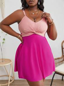 SHEIN Swim Curve Plus Size Two Tone Twist Front Tankini Summer Beach - Pink - View 4