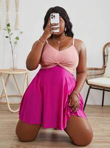 SHEIN Swim Curve Plus Size Two Tone Twist Front Tankini Summer Beach - Pink - View 6
