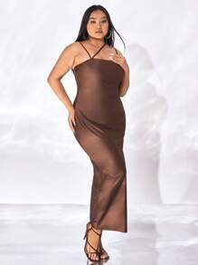 evoluSHEIN X Anitta Đầm Plus Size Lộ Lưng màu trơn Thanh lịch - Cà phê nâu - Xem 3