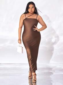 evoluSHEIN X Anitta Đầm Plus Size Lộ Lưng màu trơn Thanh lịch - Cà phê nâu - Xem 5