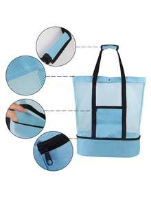 大容量网眼游泳沙滩包午餐包野餐包保温冷藏包午餐盒包野餐旅行户外夏季沙滩男女返校午餐套装学校用品午餐盒包家居必需品返校用品 - 藍色 - 查看 2