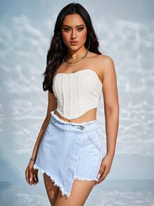 SHEIN Essnce 高腰圍裹毛邊牛仔裙褲 - 淺色水洗藍 - 查看 3