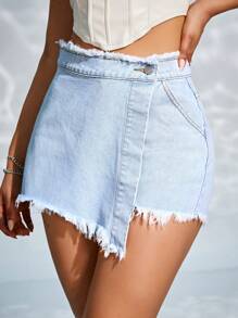 SHEIN Essnce 高腰圍裹毛邊牛仔裙褲 - 淺色水洗藍 - 查看 1