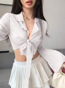 DAZY 實色綁帶前束短袖上衣 - 白色 - 查看 1