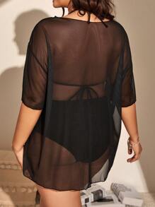 SHEIN Swim Curve 加大码热带印花比基尼带罩衫夏日海滩 - 黑色 - 查看 2