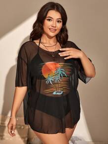 SHEIN Swim Curve 加大码热带印花比基尼带罩衫夏日海滩 - 黑色 - 查看 3