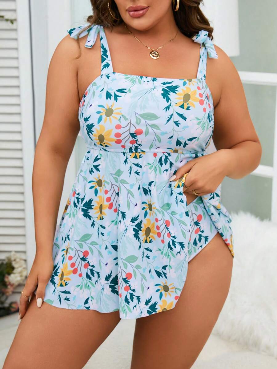 SHEIN Swim Curve 夏季海滩大码花卉印花系带肩泳衣 - 彩色 - 查看 1