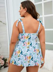 SHEIN Swim Curve 夏季海滩大码花卉印花系带肩泳衣 - 彩色 - 查看 2