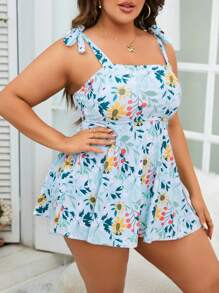 SHEIN Swim Curve 夏季海滩大码花卉印花系带肩泳衣 - 彩色 - 查看 3