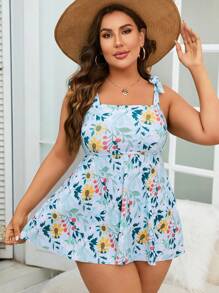 SHEIN Swim Curve 夏季海滩大码花卉印花系带肩泳衣 - 彩色 - 查看 4