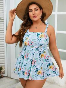 SHEIN Swim Curve 夏季海滩大码花卉印花系带肩泳衣 - 彩色 - 查看 5