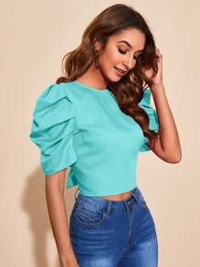 SHEIN Privé Tie Backless Puff Sleeve Crop Blouse - Mint Blue - View 3