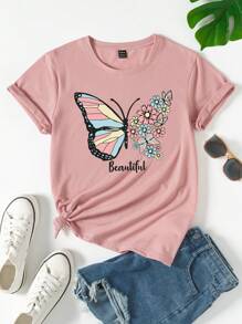 Butterfly & Letter Graphic Tee - Baby Pink - View 3