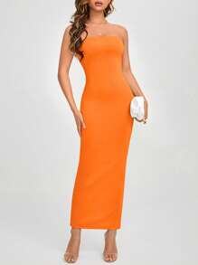 SHEIN PETITE 素色抹胸緊身洋裝 - 橘色 - 查看 1