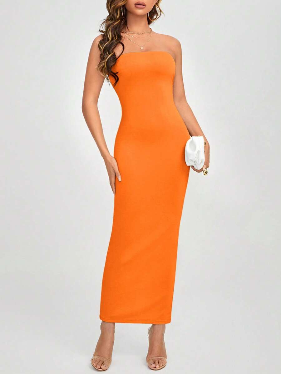 SHEIN PETITE 素色抹胸緊身洋裝 - 橘色 - 查看 1