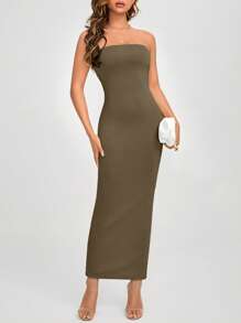 SHEIN PETITE Đầm Chia màu trơn Thanh lịch - xanh quân đội - Xem 1