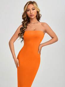 SHEIN PETITE 素色抹胸緊身洋裝 - 橘色 - 查看 3