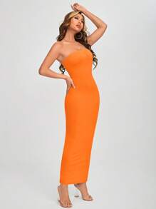 SHEIN PETITE 素色抹胸緊身洋裝 - 橘色 - 查看 4