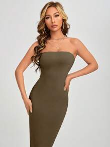 SHEIN PETITE Đầm Chia màu trơn Thanh lịch - xanh quân đội - Xem 5