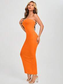 SHEIN PETITE 素色抹胸緊身洋裝 - 橘色 - 查看 5