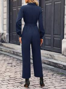 SHEIN Clasi Jumpsuit camicia monocolore con bottone frontale con cintura - Blu - Visualizzare 2