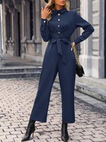 SHEIN Clasi Jumpsuit camicia monocolore con bottone frontale con cintura - Blu - Visualizzare 3