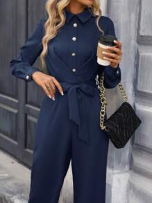 SHEIN Clasi Jumpsuit camicia monocolore con bottone frontale con cintura - Blu - Visualizzare 6