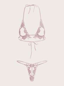 花卉刺繡鏤空吊脖內衣套裝 - 粉色 - 查看 2