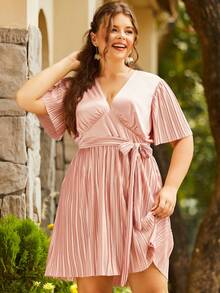 S BETRO 大碼百褶下擺繫腰帶連衣裙 - 粉色 - 查看 1