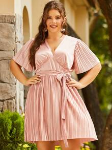 S BETRO 大碼百褶下擺繫腰帶連衣裙 - 粉色 - 查看 4