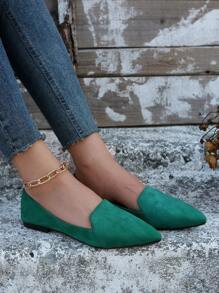 Giày bệt mũi nhọn tối giản dành cho nữ, Giày đế bằng giả da lộn màu xanh lá cây thời trang - Màu xanh lá cây đậm - Xem 2