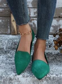 Giày bệt mũi nhọn tối giản dành cho nữ, Giày đế bằng giả da lộn màu xanh lá cây thời trang - Màu xanh lá cây đậm - Xem 5