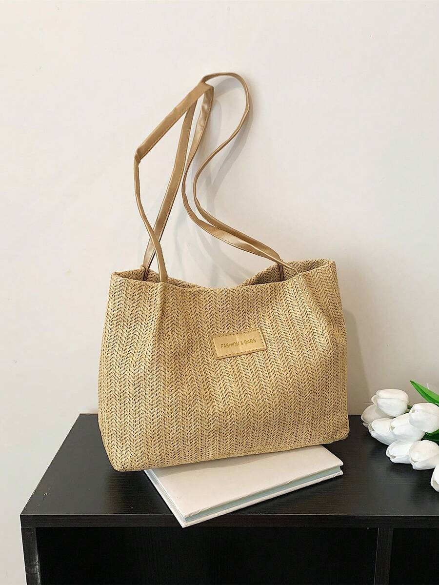 小草編包字母貼飾度假,完美適合夏天海灘旅行度假 - 卡其色 - 查看 1