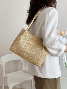 小草編包字母貼飾度假,完美適合夏天海灘旅行度假 - 卡其色 - 查看 2