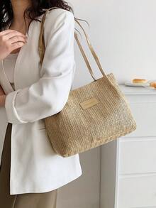 小草編包字母貼飾度假,完美適合夏天海灘旅行度假 - 卡其色 - 查看 4