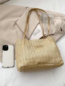 小草編包字母貼飾度假,完美適合夏天海灘旅行度假 - 卡其色 - 查看 6