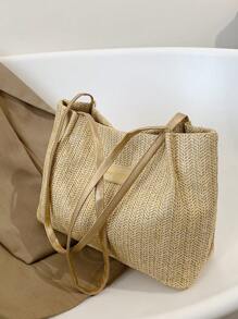 小草編包字母貼飾度假,完美適合夏天海灘旅行度假 - 卡其色 - 查看 7