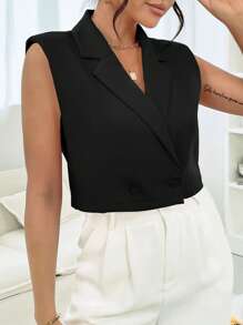 Chiquease Shoulder Pad Double Button Vest Blazer - Black - View 3