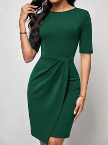 SHEIN Clasi 素色圍裹下擺緊身洋裝 - 墨綠色 - 查看 1