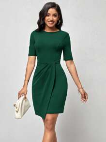 SHEIN Clasi 素色圍裹下擺緊身洋裝 - 墨綠色 - 查看 3