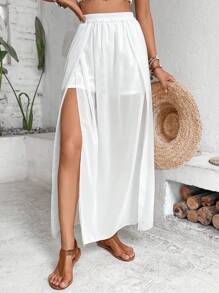 SHEIN VCAY 素色高衩半身裙 - 白色 - 查看 2