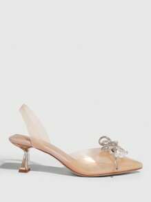 CUCCOO SZL Woman Shoes Bow & Rhinestone Decor Sculptural Heeled Slingbacks, Glamorous TPU Pumps For Spring And Summer Vacation Shoes Summer - Apricot - View 3