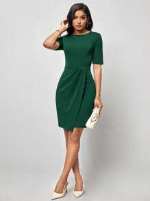 SHEIN Clasi 素色圍裹下擺緊身洋裝 - 墨綠色 - 查看 4